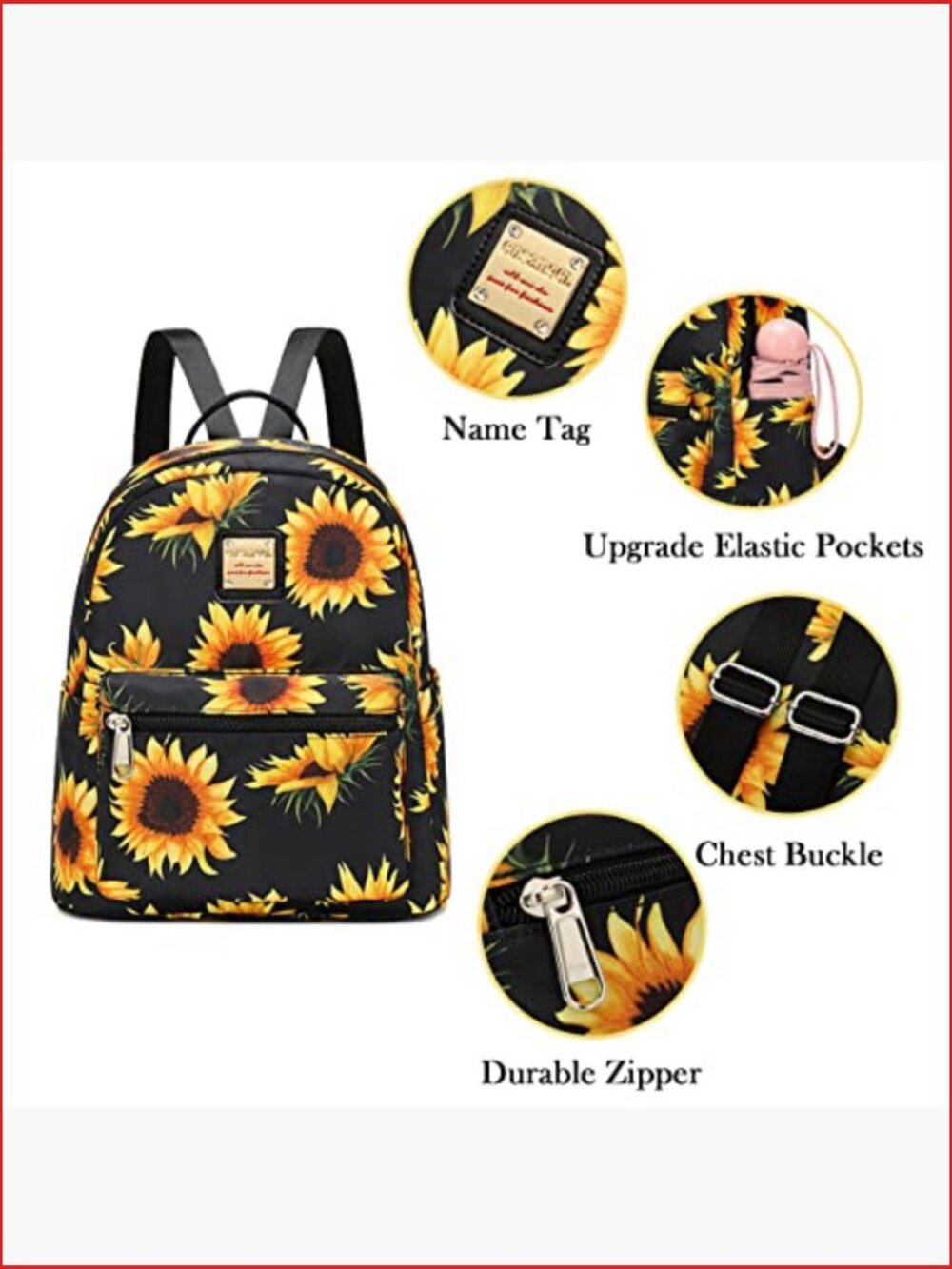 Mini Backpack Purse for Women with Water Bottle Pockets, Sunflower Print - Picture 6 of 6